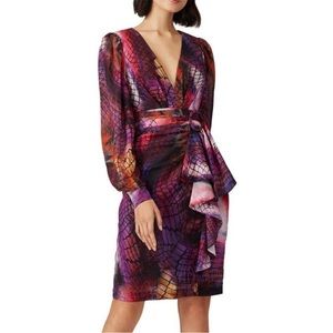 Flor Et.Al Lauper Rainbow Snake Print Long Puff Sleeve Belted Ruffle Mini Dress